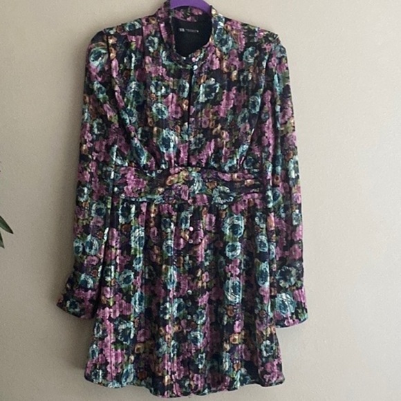 Zara Metallic Thread Floral High Neck Long sleeve Short Mini Dress Size M - Picture 2 of 13